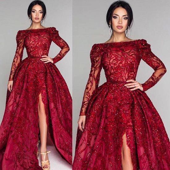 Fashion Word Shoulder Open Back Long Sleeves Floor Length A-line Split Prom Dresses With Lace Appliques And Waistband | Burgundy Princess Party Gowns With Zipper_2