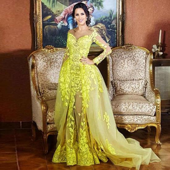 Elegant Lace Long Sleeves Sweetheart Party Dresses With Detachable Skirt | Yellow Tulle Evening Gowns_3