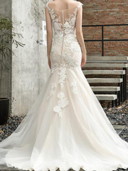 Meerjungfrau-Hochzeitskleid mit V-Ausschnitt, Spitze, Tüll, ärmellose Brautkleider, formelles Illusionsdetail mit Sweep-Zug_3