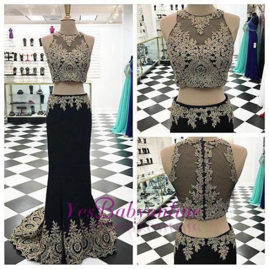 Appliques Crystal Black Mermaid Two-Pieces Sleeveless Prom Dress_2