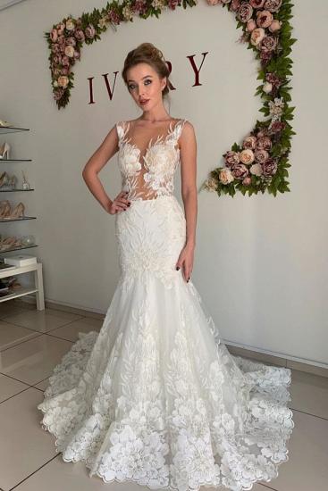 Illusion neck White Lace Sleeveless Mermaid Wedding Dress_1