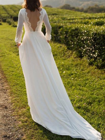 Chiffon White Long Sleeves Backless Lace A-Line Wedding Dresses_5