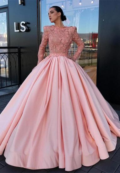 Long Sleeve Ball Gown Pink Prom Dress | Appliques Pink Evening Gowns