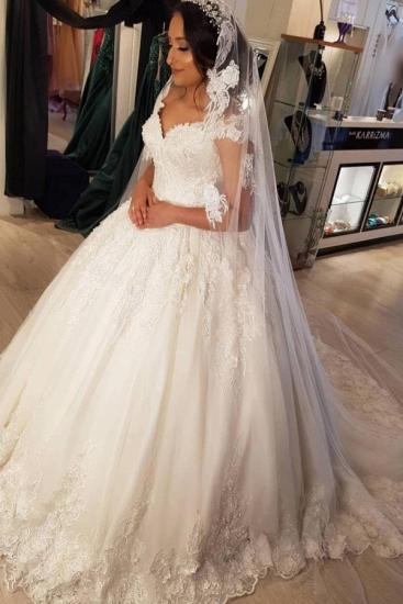 Stunning Off Shoulder V-Neck Tulle Lace Appliques Wedding Dress Aline Bridal Dress_1