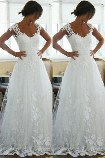 Lace Wedding Dresses 2022 Straps Cap Sleeve Appliques A Line Sweep Train White Cheap Open Back Bridal Gowns_1