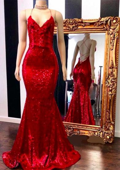 Spaghetti Straps Lace-up Red Sequins V-neck Mermaid Prom Dresses