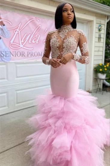 Peach Pink Transparent Lace and Floor Mermaid Ball Dress｜High Tie Sleeve Evening Dress