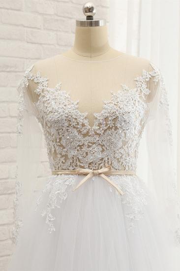 TsClothzone Affordable White Tulle Ruffles Lace Wedding Dresses Jewel Longsleeves Bridal Gowns With Appliques On Sale_5