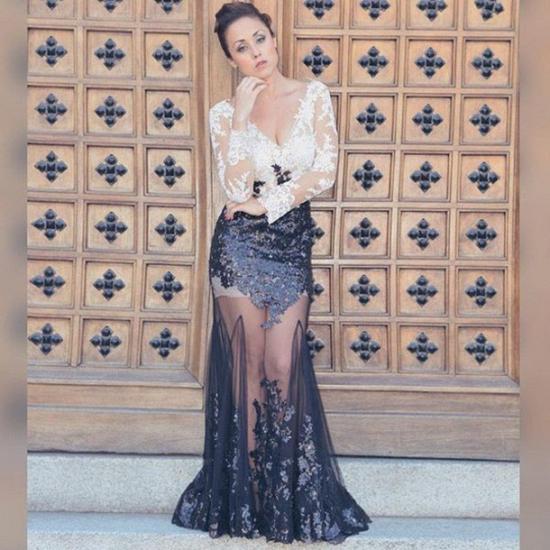 Black and White Lace Sheer Tulle 2022 Prom Dress V-neck Long Sleeve Evening Dress_3