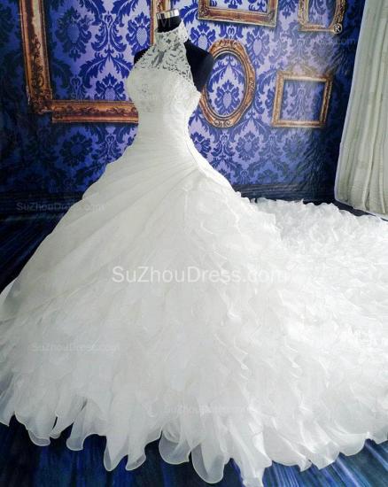 High Neck White Sheath Halter Organza Wedding Dresses Court Train Fitted Unique Plus Size Bridal Gowns with Beadings_2