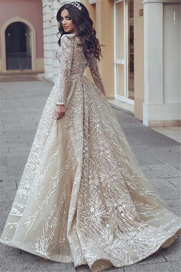 Elegantes Langarm-Hochzeitskleid mit V-Ausschnitt Lange Brautkleider mit Spitzenapplikationen_3