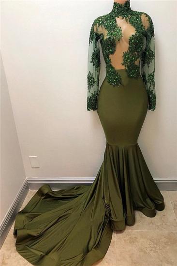 2022 Oliva Green Prom Dress Sexy Sheer Appliques Tulle Long Sleeve Mermaid Evening Gown_2