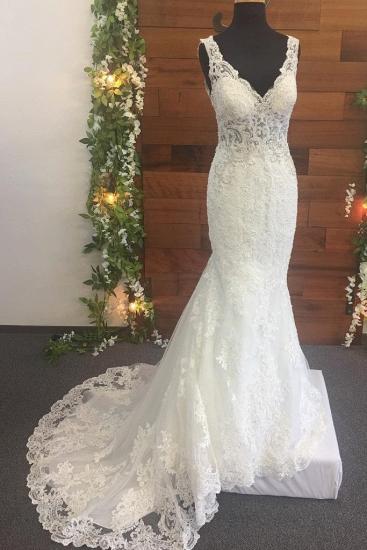 TsClothzone Elegant Straps V-Neck Tulle Wedding Dress Mermaid Appliques Sleeveless Beadings Bridal Gowns Online