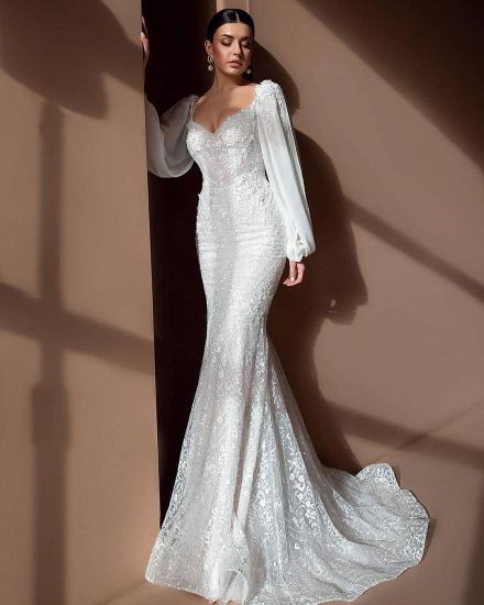 Elegant White Floral Mermaid Wedding Gown Long Sleeve Sweetheart Bridal Gown_4