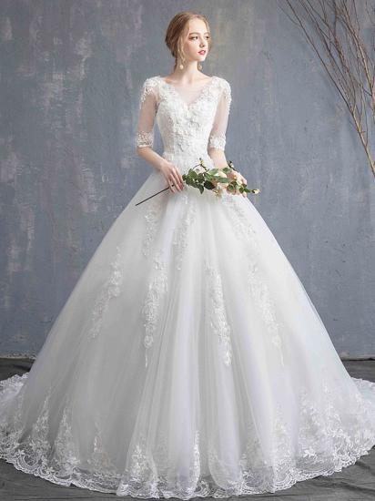 Glamouröses durchsichtiges Ballkleid-Hochzeitskleid U-Ausschnitt-Spitze Tüll Pailletten Halbarm-Brautkleider mit Kapellenschleppe_7