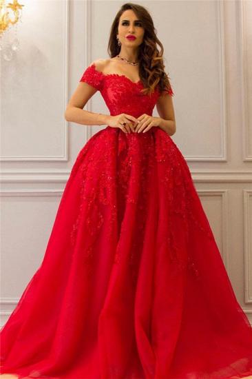 Rote schulterfreie Spitzen-elegante Abendkleider | 2022 A-Linie Abschlussballkleider_6