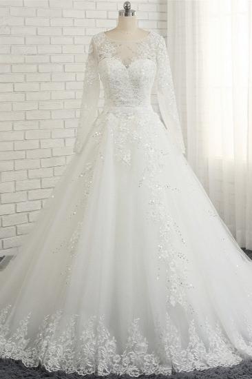 TsClothzone Modest Jewel Longsleeves White Wedding Dresses A-line Tulle Ruffles Bridal Gowns On Sale_2