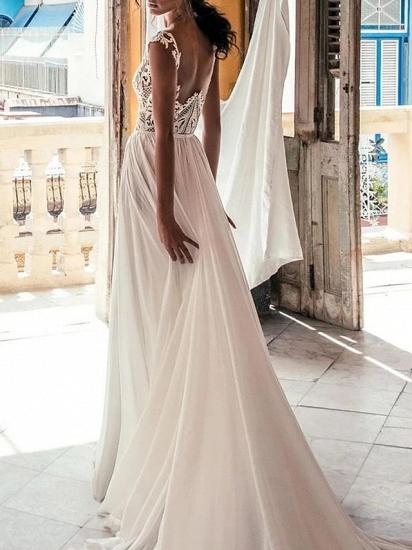 Beach  Boho A-Line Wedding Dress Plunging Neck Chiffon Lace Cap Sleeve Sexy See-Through Bridal Gowns with Sweep Train_2