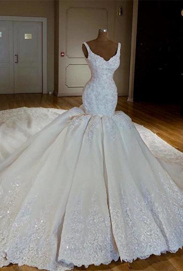 TsClothzone Gorgeous Straps White Mermaid Wedding Dresses Satin Ruffles Bridal Gowns With Appliques Online