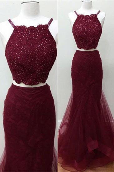 2022 Mermaid Spaghetti Strap Two Piece Evening Dress Cheap Sexy Beads Sleeveless Prom Dress_1