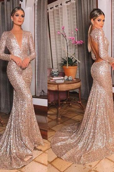 Glittery V Neck Long Sleeves Sequins Backless Mermaid Prom Dresses_3