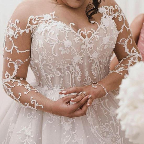 Sheer Tulle Appliques Ball Gown Wedding Dresses | Plus Size Long Sleeve Bridal Gowns_2