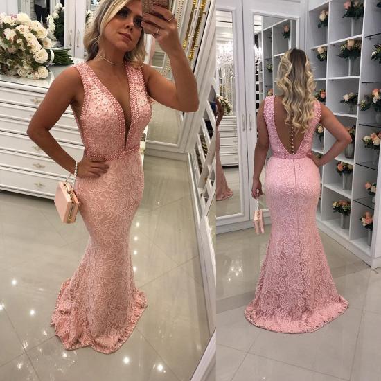 Sexy V-Ausschnitt rosa Spitzen-Abschlussball-Kleider | Ärmellose Meerjungfrau-Abendkleider mit Perlen_3