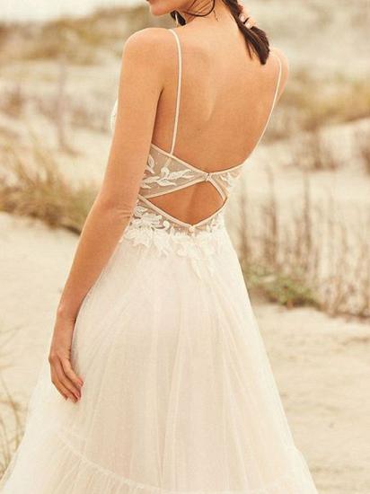 Spaghetti Straps Tulle V Neck A-Line Wedding Dresses With Lace Appliques_3
