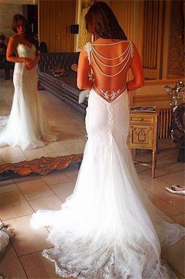 2022 Backless Lace Brautkleider Etui-Meerjungfrau-Hochzeitskleid mit Perlenketten_1