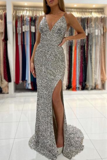 Sexy Sparkly Sequins V-Neck Prom Dress with Side Slit Spaghetti Straps Evening Maxi Dress for women