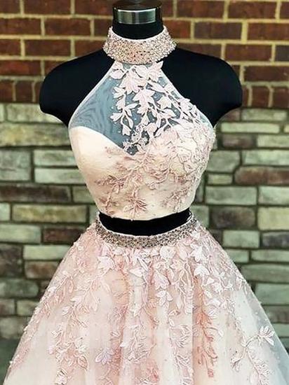Gorgeous Halter Two Piece Applique Prom Dresses | Elegant Lace Up Crystal Evening Dresses with Beads_3