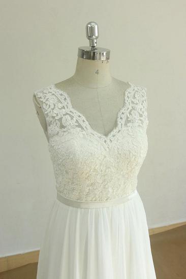 Elegantes ärmelloses Spitzen-Hochzeitskleid mit V-Ausschnitt | Weißes Chiffon-Brautkleid in A-Linie_4