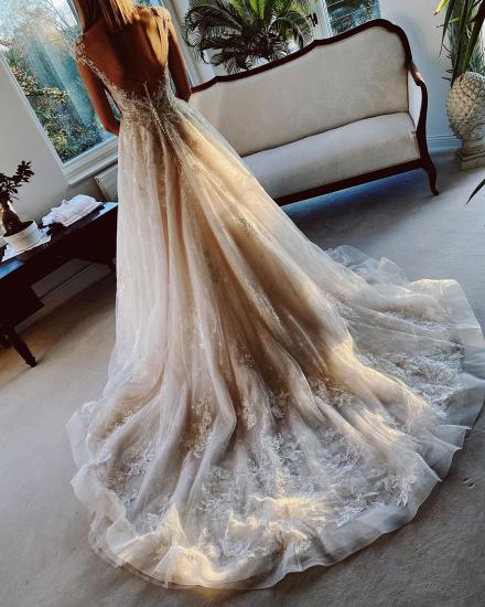 V-Neck A-line Wedding Dress Sleeveless Tulle Lace Appliques Bridal Dress_3