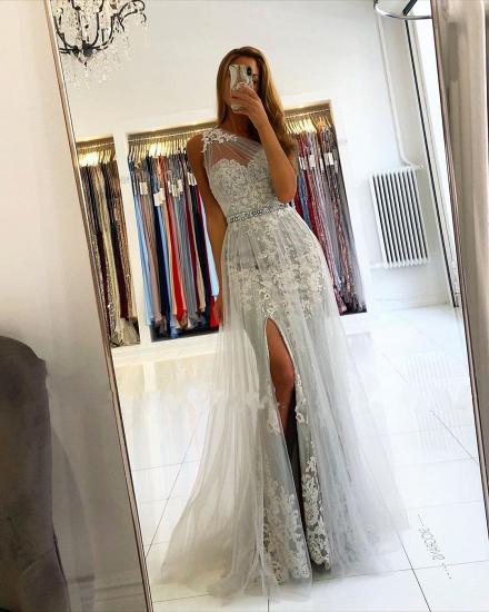Charming Sleeveless Lace Mermaid Evening Dress with Side Split Tulle Train_5