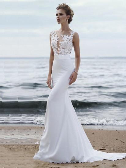 Modernes Meerjungfrau-Hochzeitskleid Jewel Chiffon Lace Straps Sexy durchsichtige Brautkleider mit Kapellenschleppe