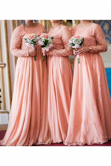 Long Sleeves Lace Appliqued Floor Length Bridesmaid Dresses | Affordable Coral Long Wedding Party Dresses_3