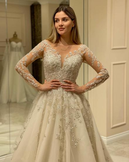 Designer Lace V-Neck Long Sleeve Wedding Dress | Wedding Dresses A Line Long Sleeves_4
