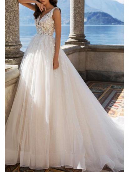 A-Line Wedding Dresses V-Neck Tulle Charmeuse Illusion Sleeve Bridal Gowns Regular Straps Sweep Train_1