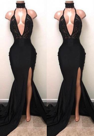 Sexy Black High Neck Lace Front Split Mermaid Prom Dress_1