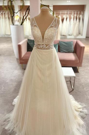 V-Neck Strap A-Line Lace Wedding Dress_1