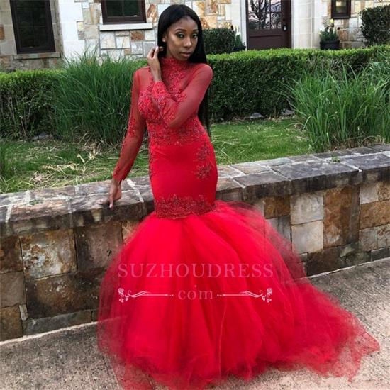 Red Tulle High-Neck Prom Dresses | Cheap Mermaid Long-Sleeves Evening Gowns_1