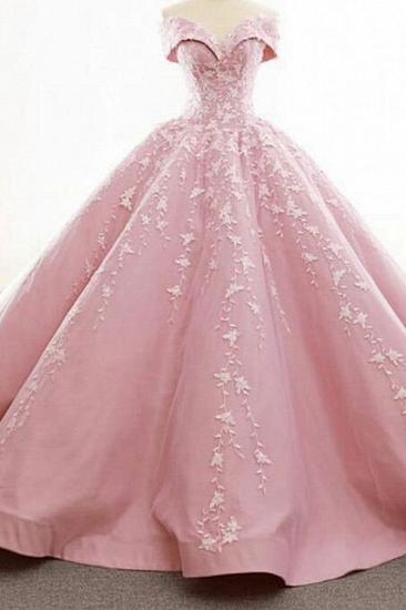 Off Shoulder Pink Ball Gown with White Floral Appliques