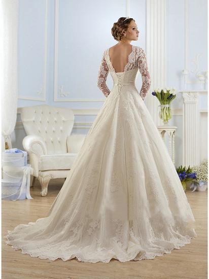 Formal A-Line Wedding Dress Jewel Lace Tulle Long Sleeve Sexy Bridal Gowns with Court Train_2