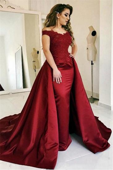 Scarlet Off Shoulder Sheath Evening Dresses | Luxury Lace Evening Gown with Overskirt