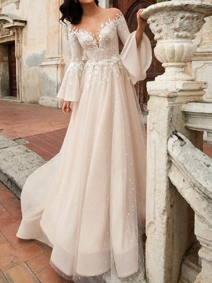 A-Line Wedding Dresses V-Neck Chiffon Lace Tulle Long Sleeve Bridal Gowns Formal Court Train