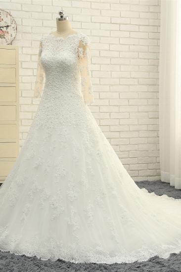 TsClothzone Elegant A-Line Jewel White Tulle Lace Wedding Dress 3/4 Sleeves Appliques Bridal Gowns with Pearls_3