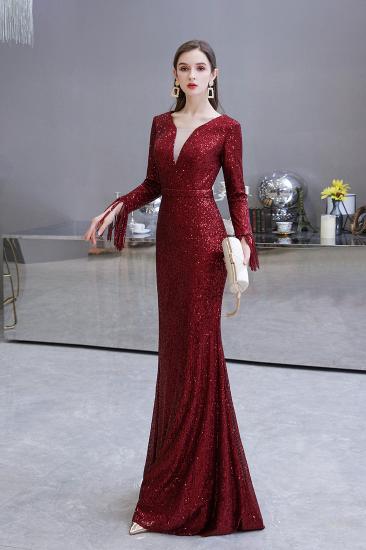 Elegant Sparkle Sequined Burgundy Long sleeve V-neck Mermaid Long Prom Dress_21