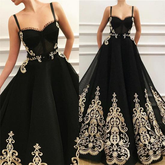 Günstige Träger Sweetheart Black Tulle Prom Dress | Charmante ärmellose Champagner Applikationen langen Abendkleid_3