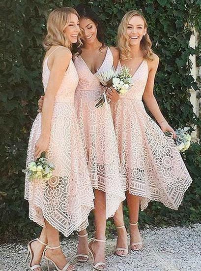 High Low V-Neck Asymmetrical Pearl Pink Lace Bridesmaid Dress_2