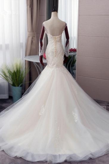 TsClothzone Chic Jewel Tulle Mermaid Lace Wedding Dress Pearls Appliques Long Sleeves Bridal Gowns Online_3